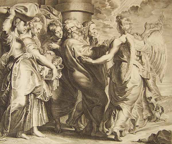 Lot and his family leaving Sodom